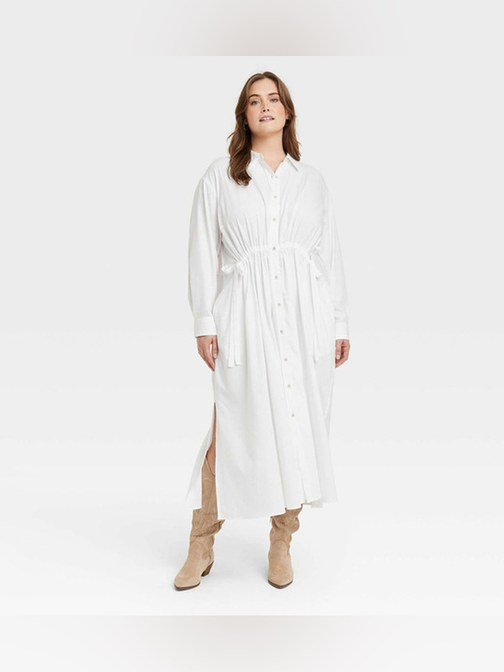Women's Long Sleeve Cinch Waist Maxi Shirtdress - Universal Thread, White, XS